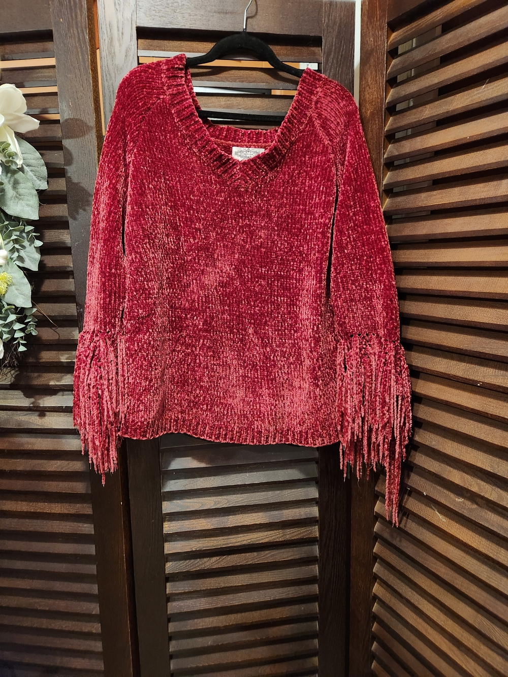 Olivers Burgundy Chenille Off-the-Shoulder Fringe Sleeve Sweater